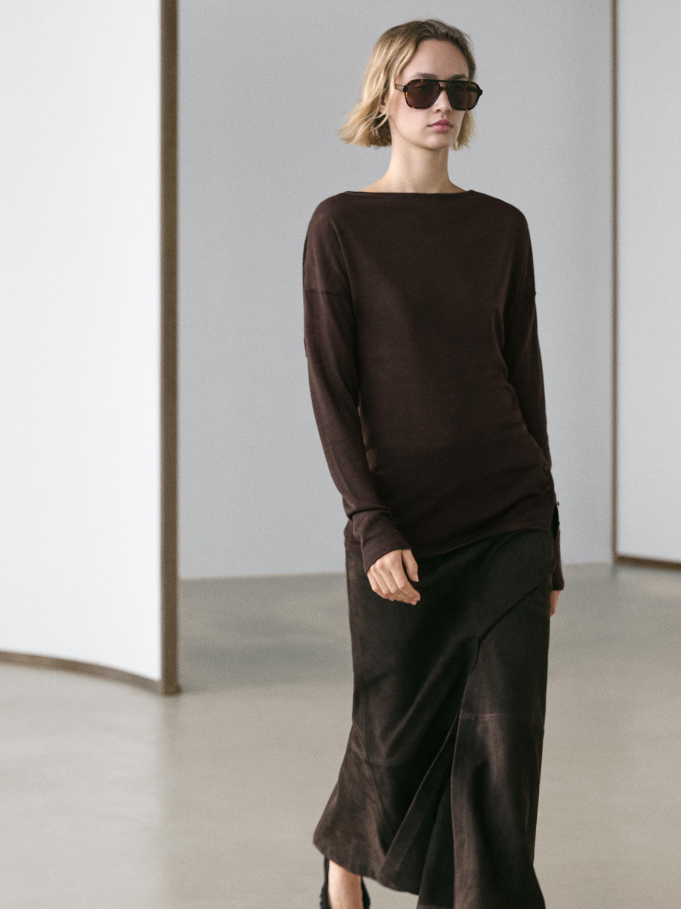Draped wool blend top with batwing sleeves